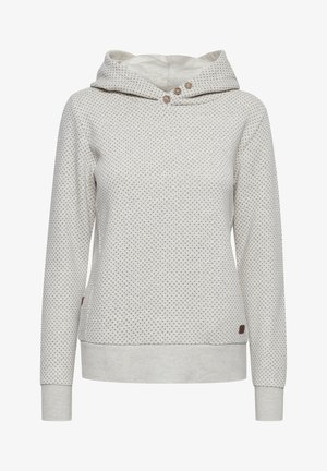 Light gray hoodie made of soft fabric, featuring a dotted pattern and three buttons at the neckline. Cuffs and hem are ribbed.