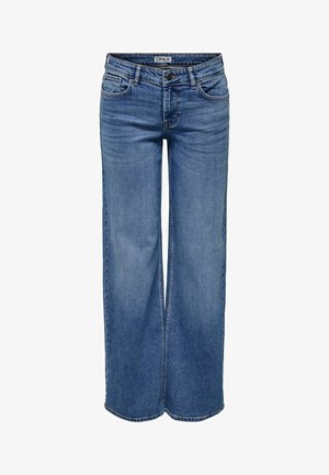 Sinised kõrge vöökohaga laialt säärtega teksad, ees nupu- ja tõmblukuga sulgur ning vöökohal bränditud sildiga "ONLY".