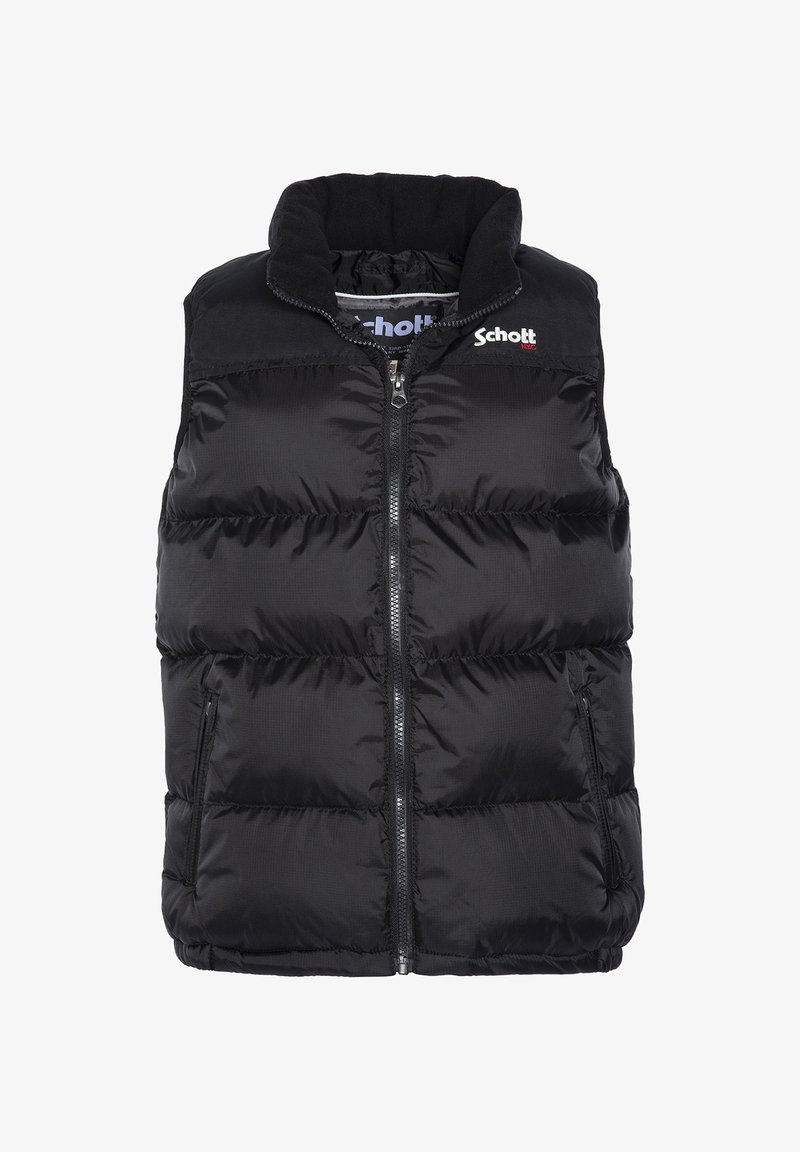 Gilet matelassé noir avec un col haut, fermeture éclair sur le devant et poches latérales. Fabriqué en matériau matelassé et rembourré avec une texture lisse. Logo Schott affiché.