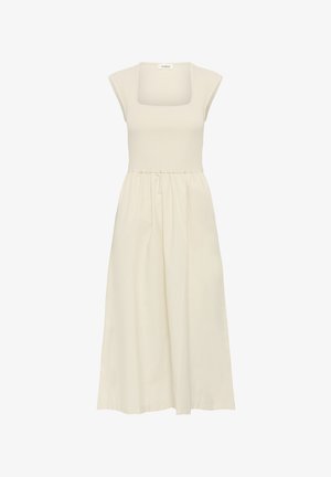 Knee-length dress in light cream, featuring a square neckline, cap sleeves, ribbed bodice, and a flared skirt with gathered details.