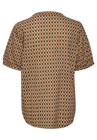 Chemise à manches courtes avec un motif en diamants marron, vert et blanc. Tissu doux, coupe décontractée et encolure arrondie avec des fentes latérales discrètes.