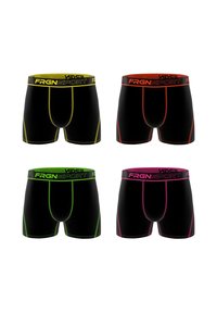 Shorts de boxe noirs avec des ceintures et des coutures de couleurs contrastées. Les couleurs incluent des accents jaunes, rouges, verts et roses.