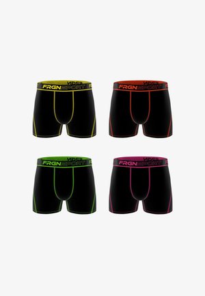 Shorts de boxe noirs avec des ceintures et des coutures de couleurs contrastées. Les couleurs incluent des accents jaunes, rouges, verts et roses.