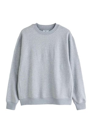 Hanorac gri realizat dintr-un material moale din fleece, cu un guler rotund și mansete ribbate, având o croială lejeră și un design minimalist.