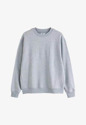 Gray sweatshirt made from soft fleece material, featuring a ribbed round neckline and cuffs, with a relaxed fit and minimal design.