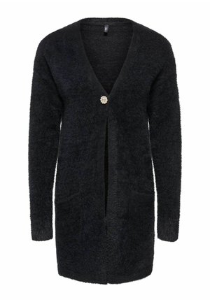 Cardigan long noir et duveteux avec un col en V profond, une poche avant et un bouton décoratif au centre. Tissu à la texture douce.