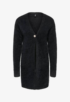 Cardigan long noir et duveteux avec un col en V profond, une poche avant et un bouton décoratif au centre. Tissu à la texture douce.