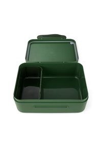 Green rectangular lunch box with a removable lid. Features a divided interior, smooth plastic texture, and side handles for easy carrying.