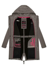 Gray jacket with a quilted interior. Features black and pink accents, multiple internal pockets, and a drawstring hem. Hood attached.
