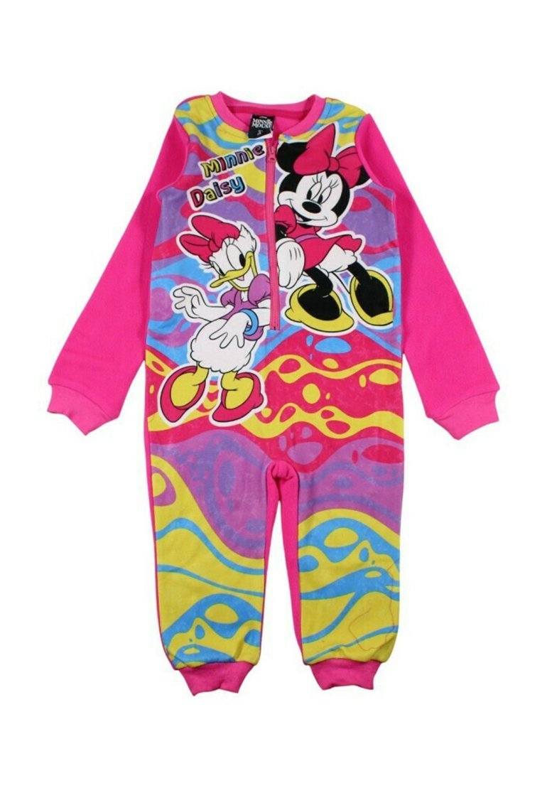 Grenouillère en polaire rose avec des graphismes des personnages de dessin animé Minnie Mouse et Daisy Duck sur un fond coloré et à motifs. Fermeture éclair sur le devant.