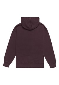 Felpa con cappuccio, viola scuro, misto cotone, tasca a marsupio frontale, polsini e orlo a coste, cappuccio regolabile con cordini, texture morbida.