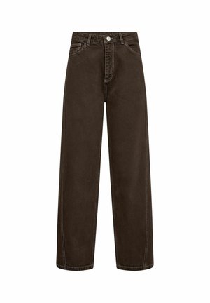 Mørkebrune straight-leg jeans med høj talje, foran lukning med knap og lynlås, bæltestropper og fem lommer.