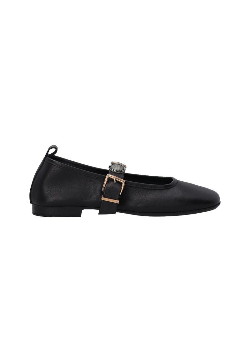 Schwarze Leder-Ballerinas mit runder Zehenpartie, ausgestattet mit einem einzelnen Riemen und einer Metallschnalle. Glatte Oberfläche mit minimaler Textur.