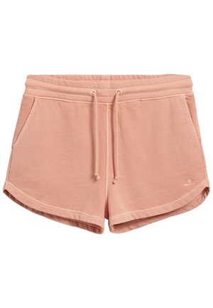 Lyserøde casual shorts med elastisk talje, snøre, sidelommer og et lille logo nederst til venstre.