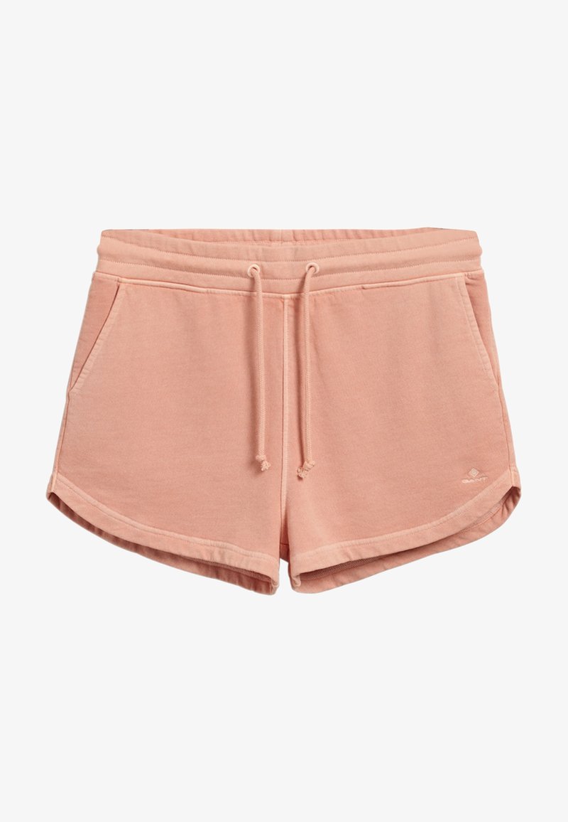 Shorts décontractés rose clair avec taille élastique, cordon de serrage, poches latérales et petit logo sur l'ourlet inférieur gauche.