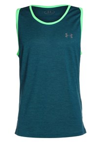 Mans ärmlös atletisk tröja i mörk teal-tyg med en melerad textur, med ljusgröna detaljer och en grå logotyp på bröstet.