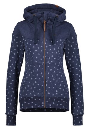 Navyblauer Hoodie mit Reißverschluss, begleitet von einem Punktmuster, Kordelzugkapuze und gerippten Bündchen sowie Saum. Aus weichem Stoff hergestellt.