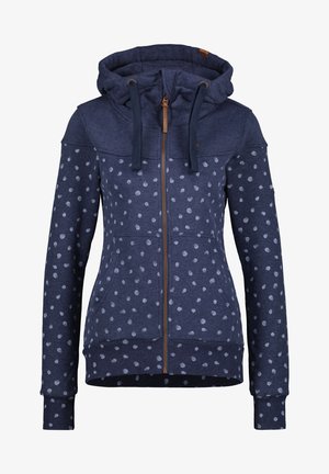 Marineblauwe hoodie met ritssluiting, voorzien van een stippenpatroon, trekkoordcapuchon en ribgebreide manchetten en zoom. Gemaakt van zachte stof.
