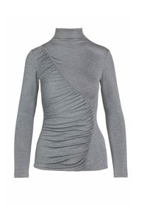 Szary długi rękaw turtleneck z ukośnym marszczeniem na przodzie, wykonany z miękkiego, elastycznego materiału.