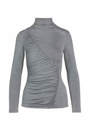 Grijze lange mouwen turtleneck top met een diagonale gerimpelde ontwerp aan de voorkant, gemaakt van zachte, elastische stof.