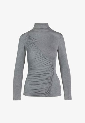 Grijze lange mouwen turtleneck top met een diagonale gerimpelde ontwerp aan de voorkant, gemaakt van zachte, elastische stof.