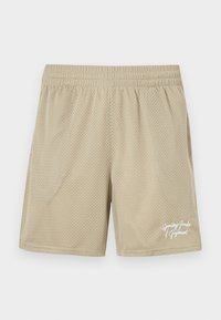 Khawfede atletiske shorts lavet af meshstof, med elastisk talje og hvidt broderet logo-detalje på forsiden.