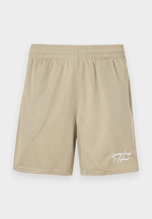 Shorts de sport couleur khaki en tissu maillé, dotés d'une taille élastique et d'un détail de logo brodé blanc sur le devant.