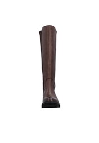 Brown leather knee-high boot with a sleek design, square toe, textured surface, and rubber sole, featuring a side zipper for easy wear.