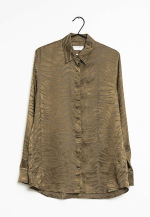 Lange mouwen, overhemd met knopen en een bruin dierenprintpatroon, hangend aan een zwarte hanger tegen een witte achtergrond.