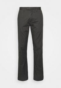 Dunkelgraue, gerade geschnittene Hose aus einem Baumwoll-Blend-Material. Verfügt über einen Bund mit Gürtelschlaufen und normale Taschen, mit einer glatten Textur.