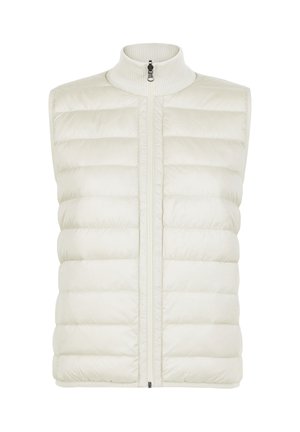 Gilet imbottito leggero color crema con colletto alto, chiusura frontale con zip e motivo trapuntato. Texture morbida e design contemporaneo.