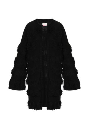 Schwarze gestrickte Strickjacke mit strukturierten Fransen, offenem Front und weitem Ärmel. Lockere Passform mit entspanntem Design. Weiches Material.