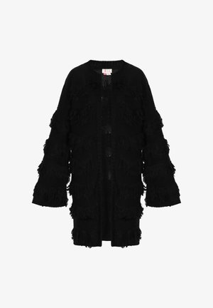 Zwarte gebreide cardigan met textuurfranje, open voorkant en wijde mouwen. Loose fit met een relaxte stijl. Zacht materiaal.