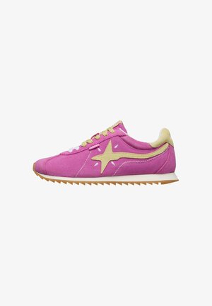 Pink suede sneaker with beige star logo, beige laces, and a tan ridged sole, shown in side profile on white background.