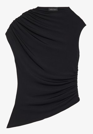 Must have musta ilma varrukat top, millel on drapeeritud disain, ühe külje peal on tekstuuriga kodara ja kerge asümmeetriline äär. Valmistatud pehmest kangast.