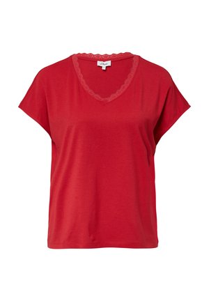 T-shirt rossa in cotone con maniche corte e scollo a V, caratterizzata da un bordo in pizzo lungo il collo. Fit semplice e rilassato.