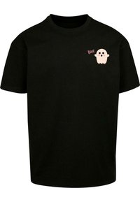 Sort bomulds T-shirt med et centreret spøgelsestema og teksten "Boo!" i rød. Rund hals, korte ærmer, afslappet pasform.
