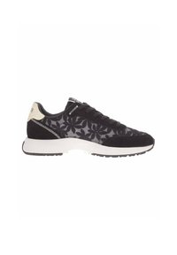 Zapatillas en negro y gris con un patrón floral, construidas con materiales de malla y ante, con una suela blanca acolchada y una suela exterior de goma negra.