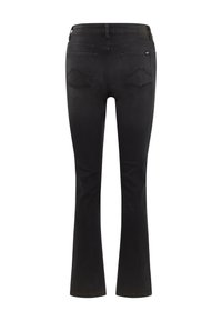 Čierne rifľové nohavice s rozšírenými nohavicami a hladkou textúrou, stredne vysoký pás, dve zadné vrecká s jedinečným dizajnom a pevný pás.