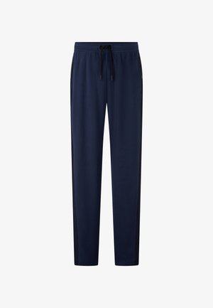 Marineblauwe sweatpants met een tailleband met trekkoord, textuurstof, en zijzakken. Heeft zwarte zijstrepen en een tapered fit.