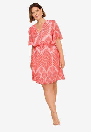 Coral dress with a V-neckline and short flutter sleeves, featuring a leaf pattern and an elastic waist for a relaxed fit.