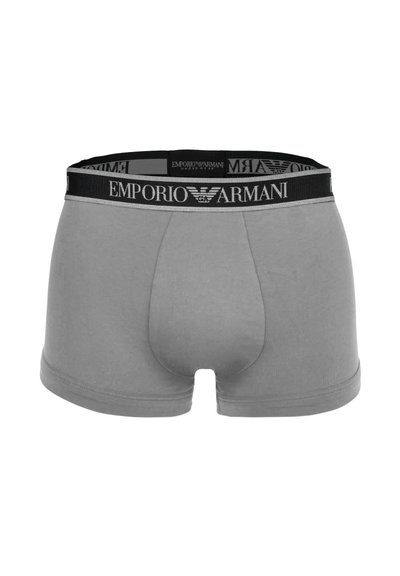 Γκρι ανδρικά μπόξερ με μαύρη ελαστική ζώνη μέσης που φέρει το λογότυπο "EMPORIO ARMANI" και το έμβλημα αετού σε λευκά γράμματα.
