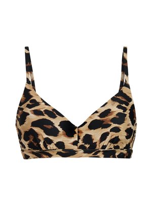 Bralette met luipaardprint en verstelbare bandjes. Gemaakt van zacht stof, met een driehoekige vorm, diepe halslijn en geplooid in het midden.
