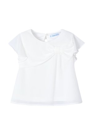 Top bianco a maniche corte con scollatura rotonda e apertura a goccia sul retro. Presenta un grande dettaglio a fiocco sul davanti e un tessuto morbido e liscio.