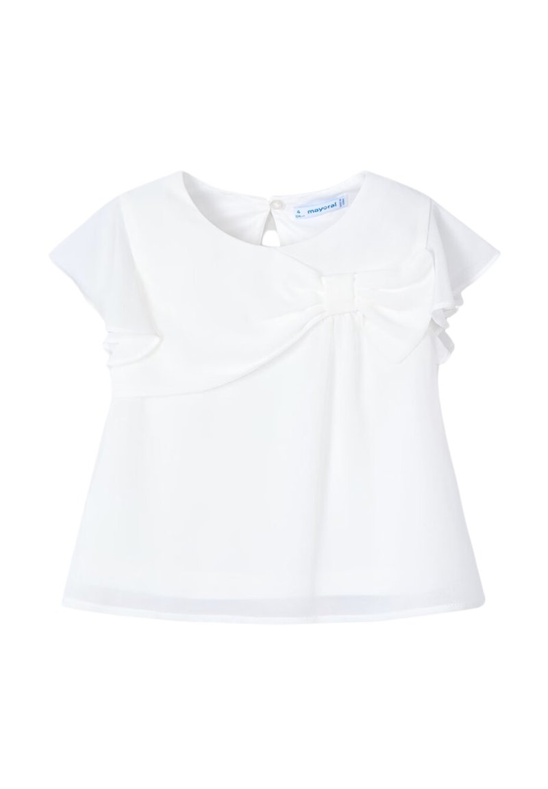 Top bianco a maniche corte con scollatura rotonda e apertura a goccia sul retro. Presenta un grande dettaglio a fiocco sul davanti e un tessuto morbido e liscio.