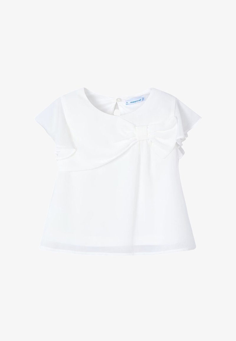 Top bianco a maniche corte con scollatura rotonda e apertura a goccia sul retro. Presenta un grande dettaglio a fiocco sul davanti e un tessuto morbido e liscio.