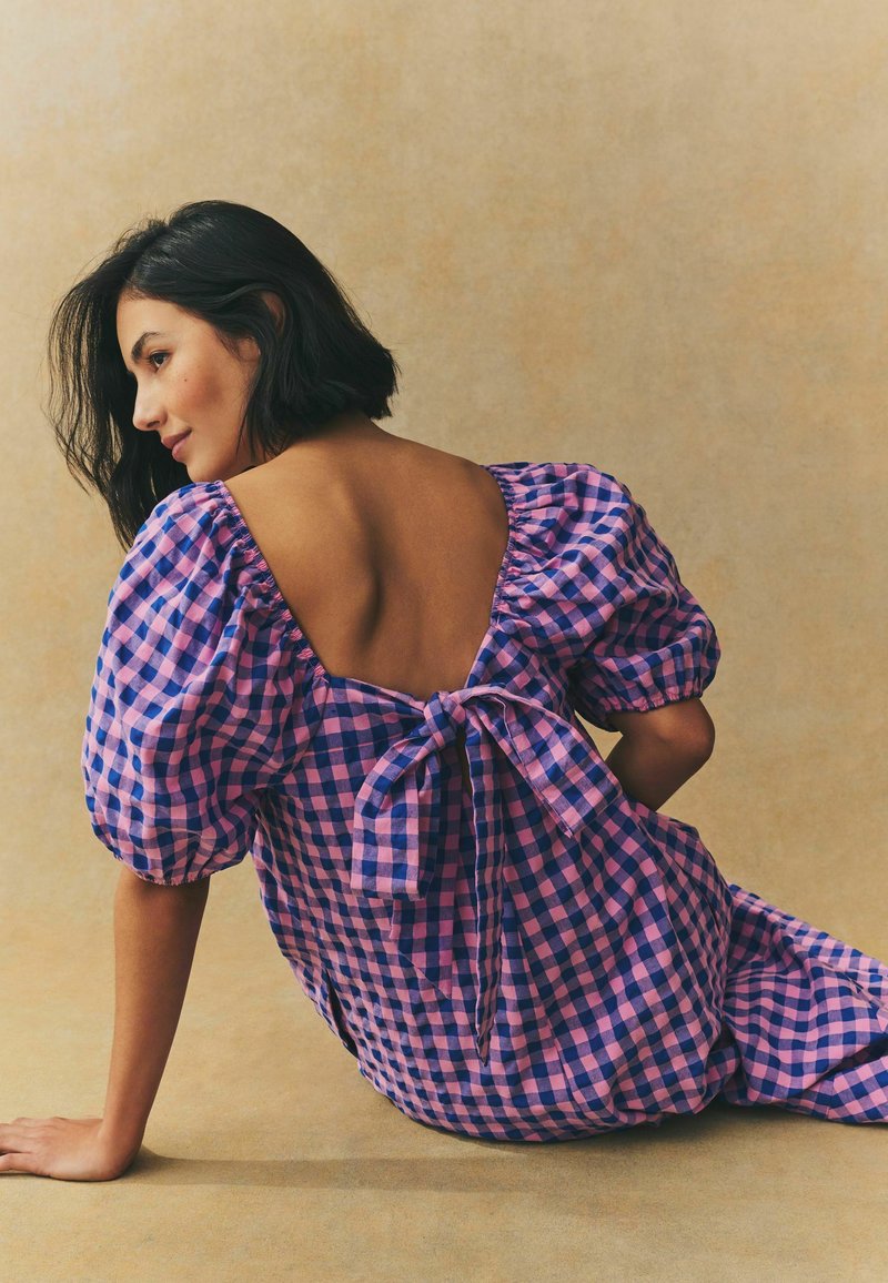 blue and pink gingham dress Courtney Navy and White Gingham Wrap Dress - Size L - Cotton Candy LA