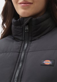 Sort polstret jakke med høy krage, frontal glidelås og et lite fargerikt Dickies-logo merke på brystet. Myk tekstur.