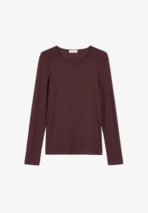 Burgunderfarbene Langarm-T-Shirt aus weichem Stoff, mit rundem Ausschnitt und schmaler Passform, minimalen Nähten und einfarbigem Design.