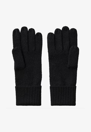 Paire de gants noirs en tricot avec des poignets côtelés, présentés à plat avec les doigts étendus et les pouces pointant vers l'extérieur.